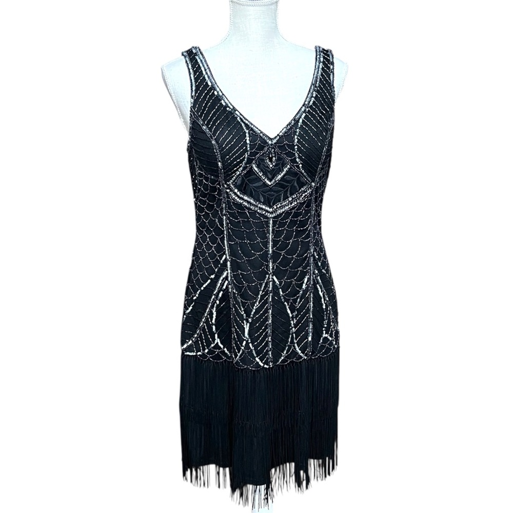SUE WONG NOCTURNE ✨VINTAGE Y2K✨ | Black and Silver Beaded Flapper Dress Size 10